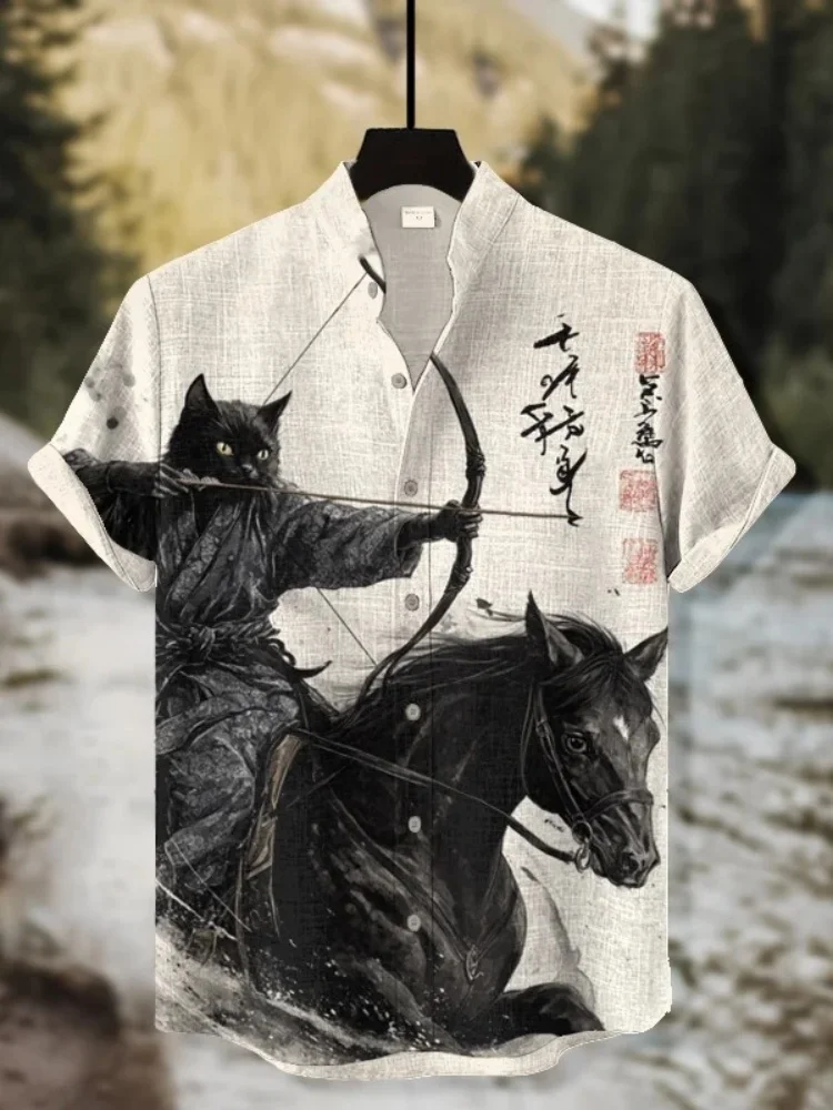 Men's Retro Calligraphy War-horse Black Cat Showa Archer Print Short Sleeve Shirt Ancient - Inspired Art Button Stand Collar Top