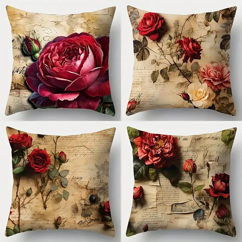 

Винтажная наволочка с красными розами и старым письменным шрифтом — романтический ретро-дизайн с текстурой бумаги для декора в стиле шебби-шик