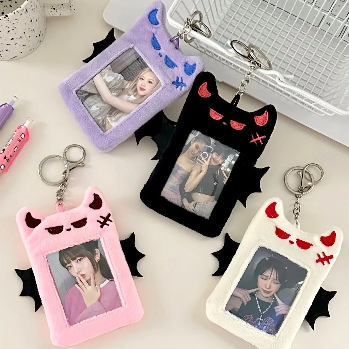 1PC Cute Little Devil Plush Card Holder for Students Campus Photo ID Bus Card Display Pendant Pocket Card Protector Accessories