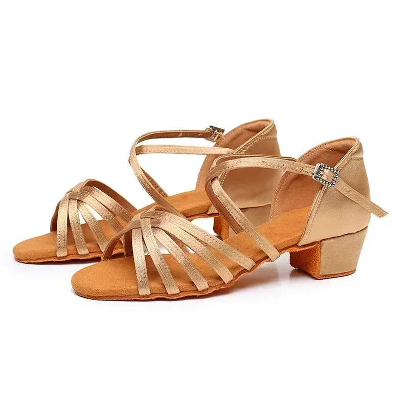 Zapatos de baile latino para mujer, suela de fondo suave, sandalias de práctica de baile para niñas, tacón medio de Jazz, baile de salón de 3,5 CM