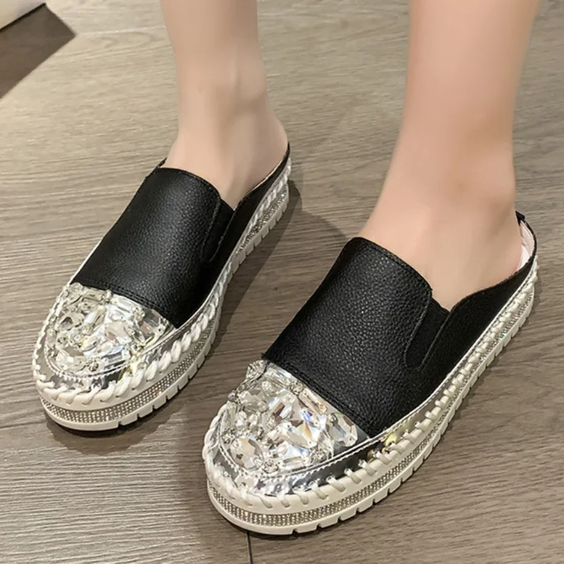 Shoes for Women 2023 Fashion Summer Women\'s Slippers Solid Color Rhinestone Sequins Closed Toe Flat Heel Water Proof Shoes Women