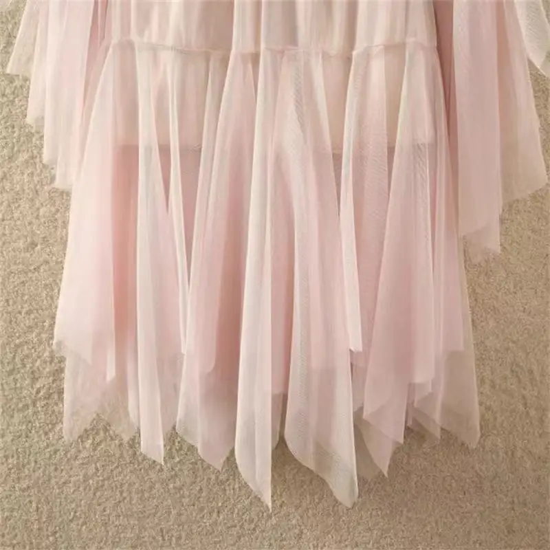 ไม่สม่ําเสมอจีบตาข่าย Tulle กระโปรงผู้หญิงฤดูใบไม้ผลิฤดูร้อนแฟชั่นสีทึบเอว A-Line ทํางานปาร์ตี้เต้นรํา Midi กระโปรงยาว