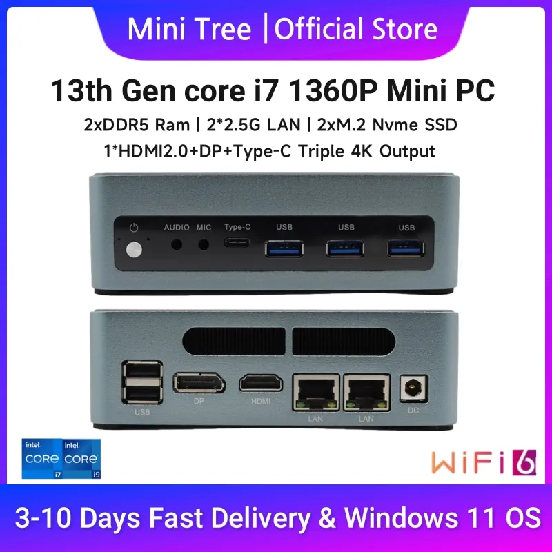 معالج Intel Core Ultra 7 155U كمبيوتر صغير للمكتب المنزلي 16 جيجابايت DDR5 ويندوز 11 كمبيوتر مكتبي للألعاب ثلاثي 4K Wifi6