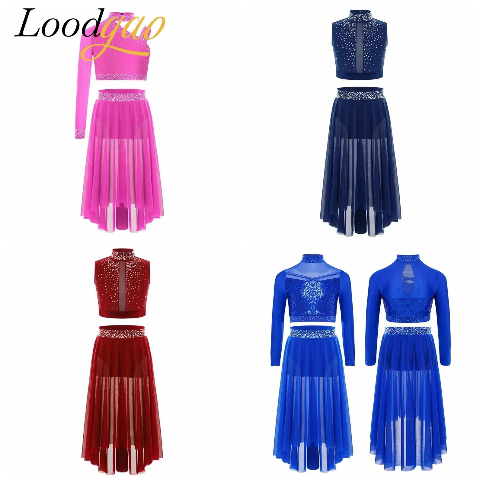

Girls Crop Top with Slit High-Low Skirt Suits Children's Modern Dance Costumes Sheer Mesh Shiny Sequins Lyrical Dance Outfit