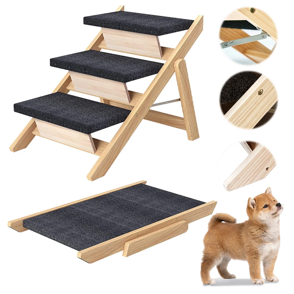 

Indoor Outdoor Foldable Pet Ladder Non-Slip Carpeted Wooden Dog Stairs Stable Eco-Friendly Ramp for Couch Bed Climbing & Acces