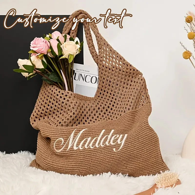 Personalized Crochet Beach Bag,Custom Embroidered Name Tote,Handmade Boho Mesh Summer Bag,Farmer’s Market & Vacation Tote Bag