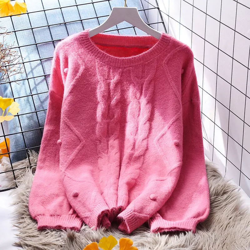 DAYIFUN Women Knitted Pullovers Ladyies Fashion O-neck Solid Long Sleeve Sweaters Tops Autumn Winter Female Thick Loose Jumpers