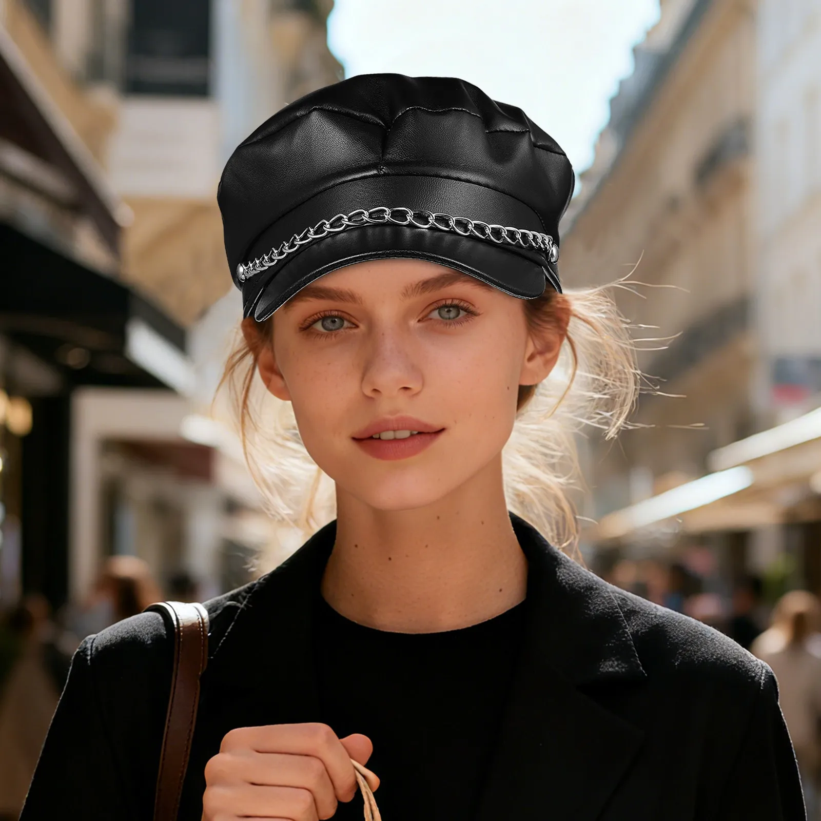 Black PU Chain Sailor Hat Vintage Flat Top Short Brim Stylish Captain Hat Party Costume Newsboy Beret Bakerboy Fisherman Cabbie