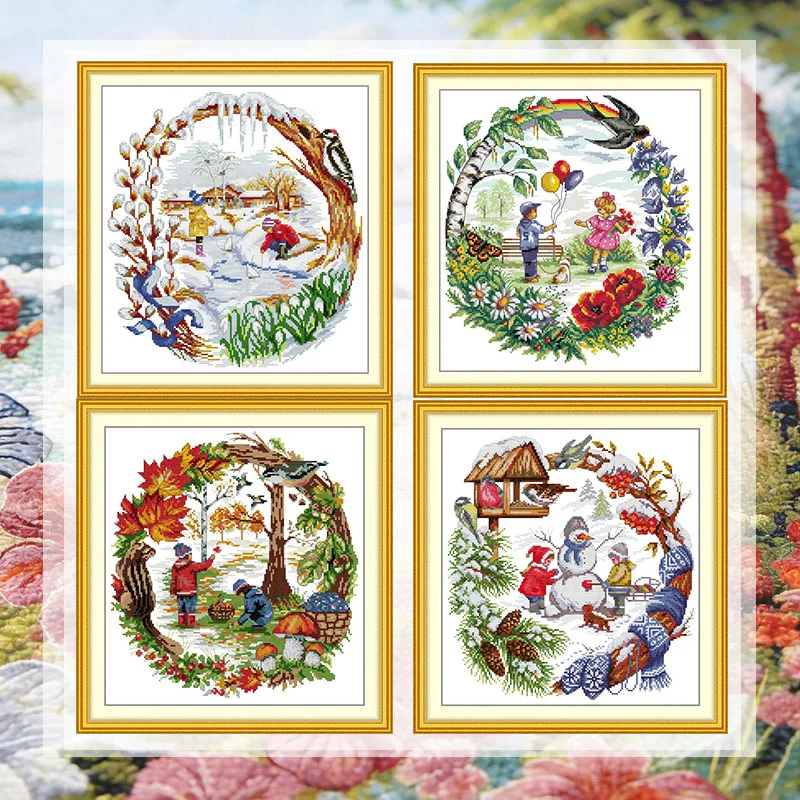 

Spring in Childhood Cross Stitch Kit Aida Cloth 14CT/16CT/11CT Handmade Embroidery Set 4 Pcs DIY Home Decoration Gift Joy Sunday