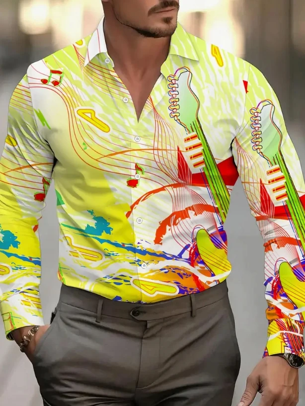 Men's Abstract Digital Print Casual Shirt - Red Blue White Modern Art-Inspired Long Sleeve Button-Up,