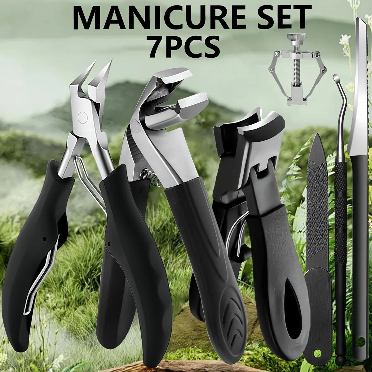 7Pcs Nail Care Kit Heavy-Duty Clippers Set with Nail File, Cuticle Nippers-for Ingrown & Thick Toenails and Grooming Tools