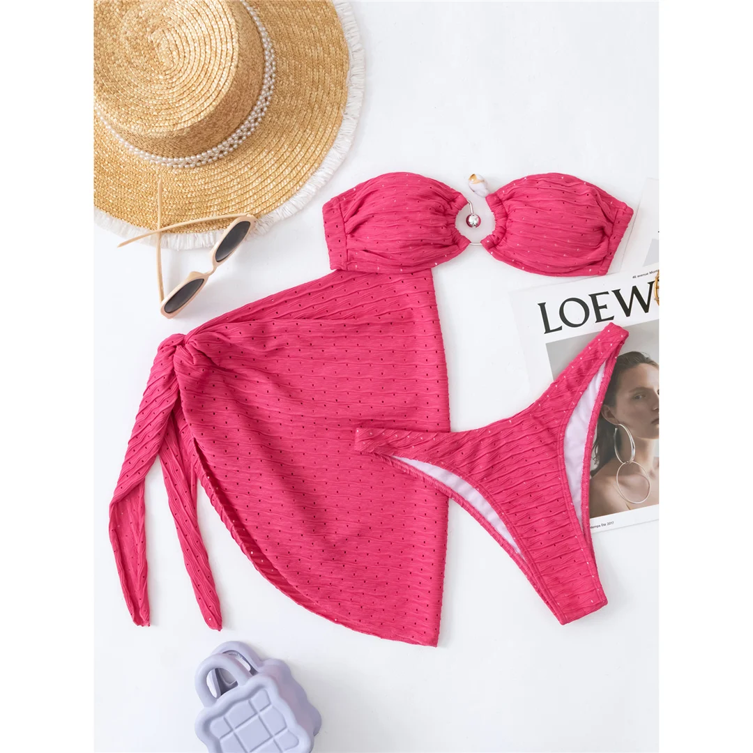 Sexy Bandeau-Bikini mit Sarong, ausgeschnittenes Design, Damen-Badeanzug, dreiteiliges Bikini-Set, Badebekleidung, Badeanzug, Modell V5583. – Detail 23