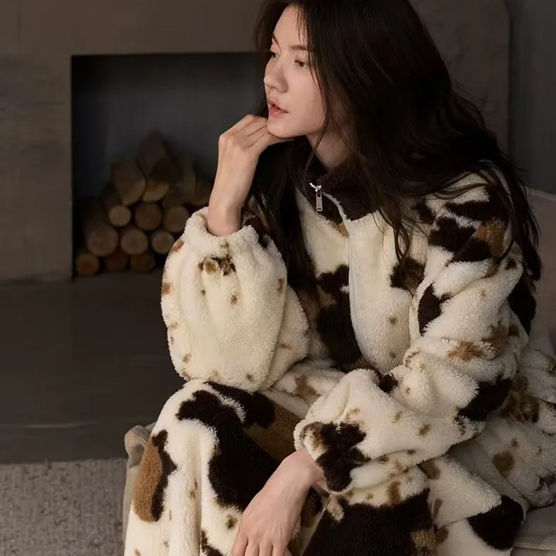 두꺼운 플리스 안감 여성 파자마 세트, 따뜻한 겨울 파자마, 패셔너블한 홈웨어, 파자마 세트