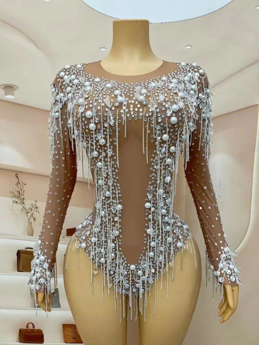 Sexy Silver Rhinestones Pearls Chains Leotard Evening Birthday Crystals Fringes Bodysuit Costume Performance Photoshoot Outfit