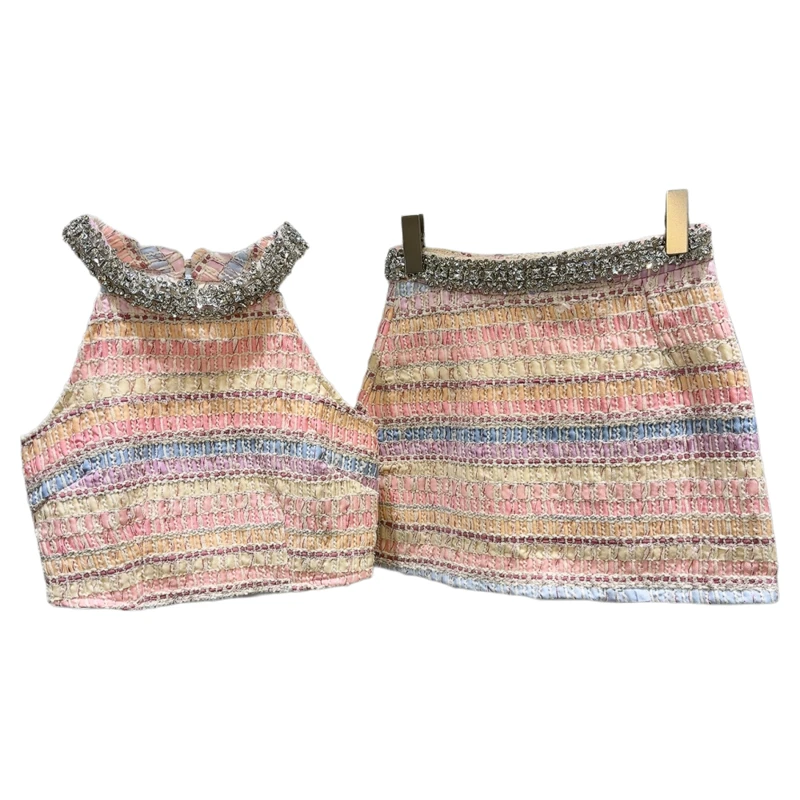 Mulheres primavera nova borda de strass halter coletes feminino listra contraste cor saias curtas moda commuter conjunto de duas peças