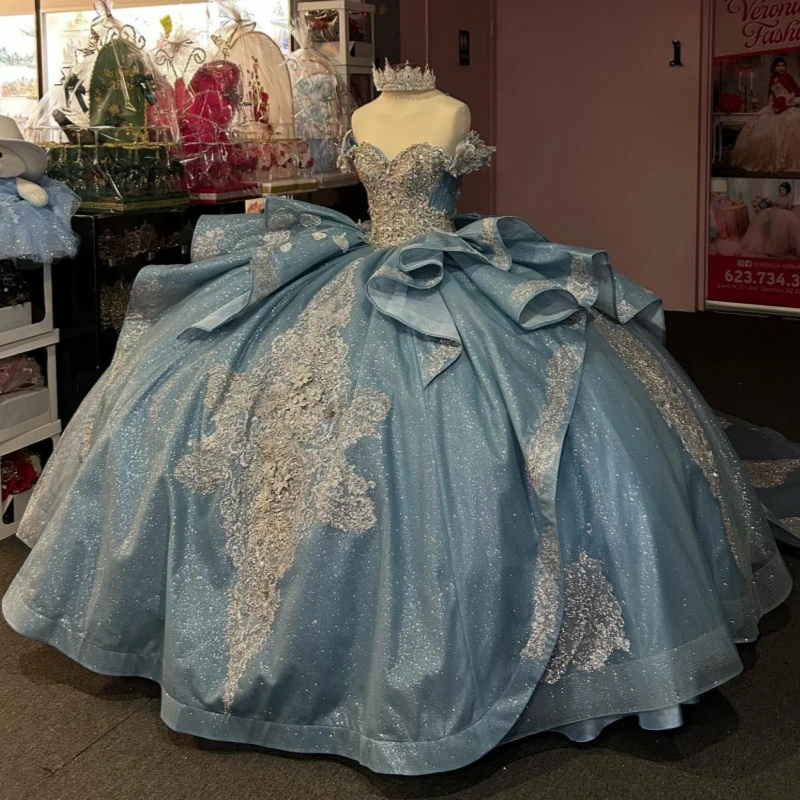 Sky Blue Shiny Princess Off the Shoulder Sweet 16 Dress Quinceanera Dresses Applique Lace Beads Bow Tull Party Birthday Vestidos