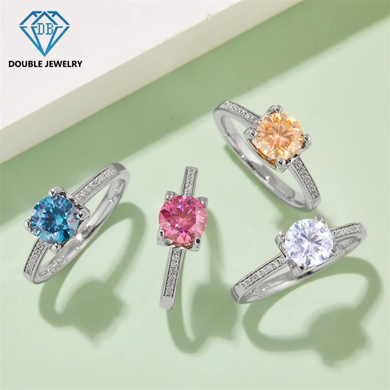 Double Jewelry moissanite ring blue pink yellow white color rings for Women elegant design rings S925 sterling silver ring gift