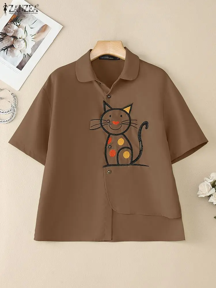 2025 Summer Shirts ZANZEA Women Embroidered Blouse Vintage Short Sleeve Buttons Blusas Irregular Hem Shirt Lapel Neck Tunic Tops
