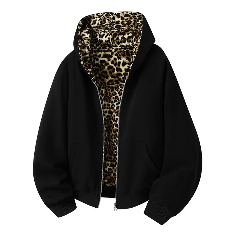 

Men Hoodie Leopard Print Double-sided Wear Men Hoodies Hooded Lager Pocket Zipper Reversible Contrast Color Men Jacket Coats Men
