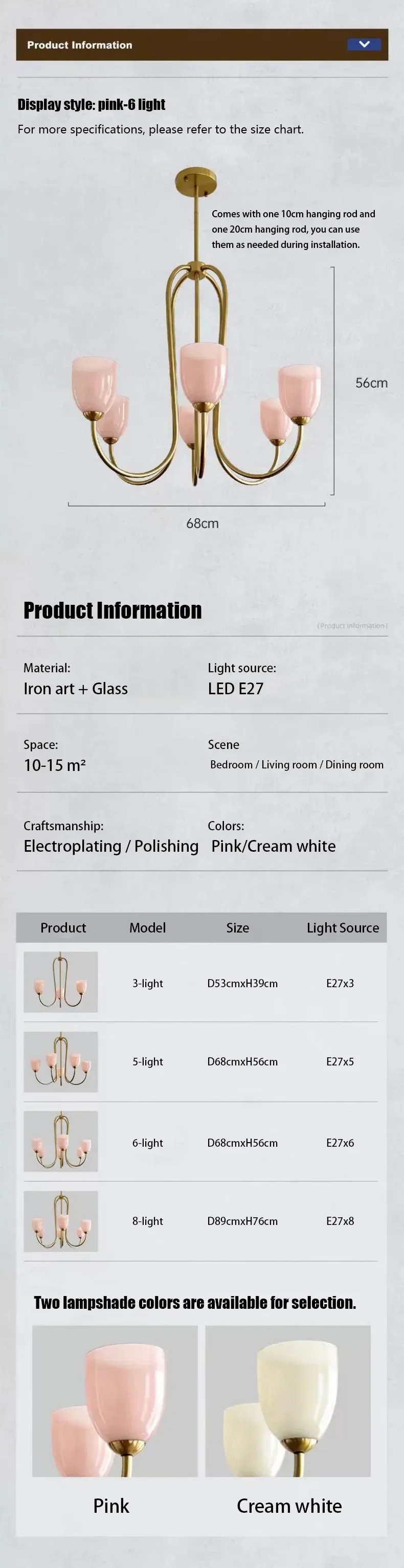 Nordic Romantic Glass E27 LED Chandelier Pink White Shades