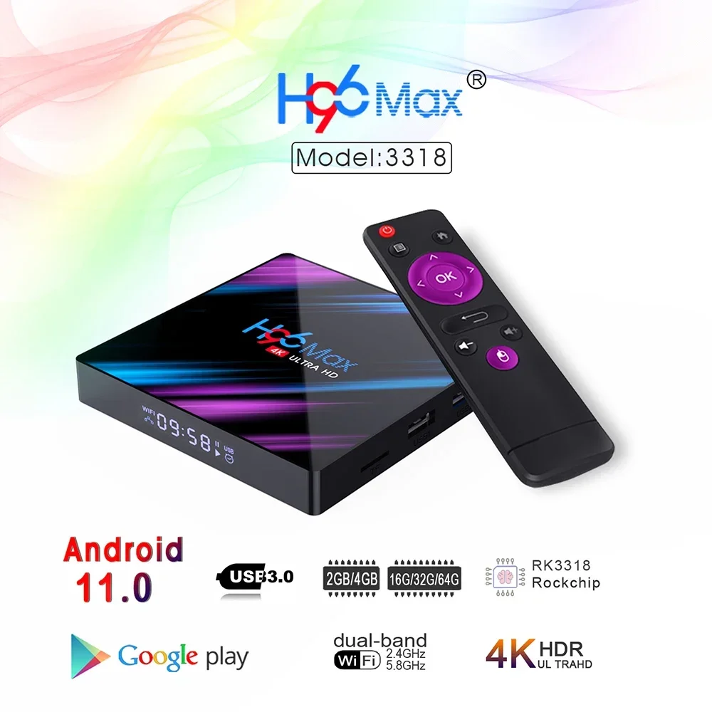 H96 Max RK3318 Android 10.0 TV Box 4 ГБ ОЗУ 32 ГБ ПЗУ Потоковое устройство Двухдиапазонный 2,4G и 5G WiFi BT4.0 Медиаплеер Телеприставка