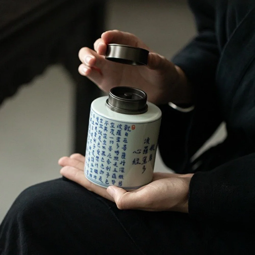 300ML Antique Blue and White Small Tea Cans Aluminum Alloy Cover Storage Cans Moisture-proof Double-layer Tin Cover Sealed Cans