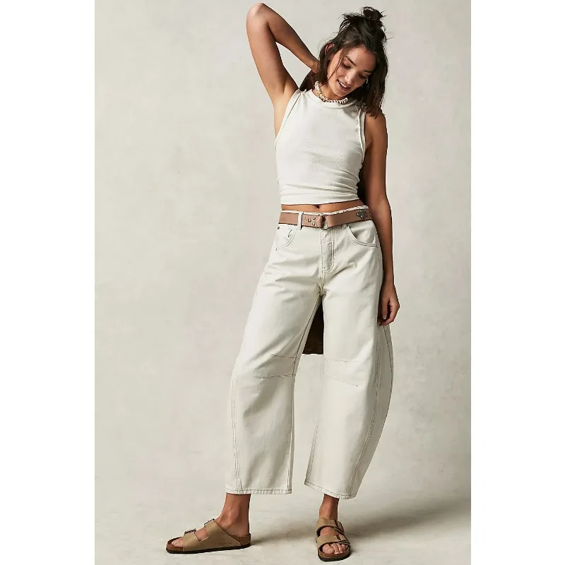 Jeans larghi a gamba dritta da donna di nuovo stile drappeggiati pantaloni lunghi per il tempo libero a gamba larga lavati pantaloni da donna in denim a vita alta