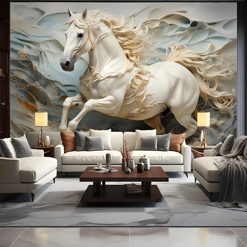 Photo Wallpaper Modern White Horse Stone Relief Living Room Bedroom Background Wall Painting Home Decor Papel De Parede 3 D