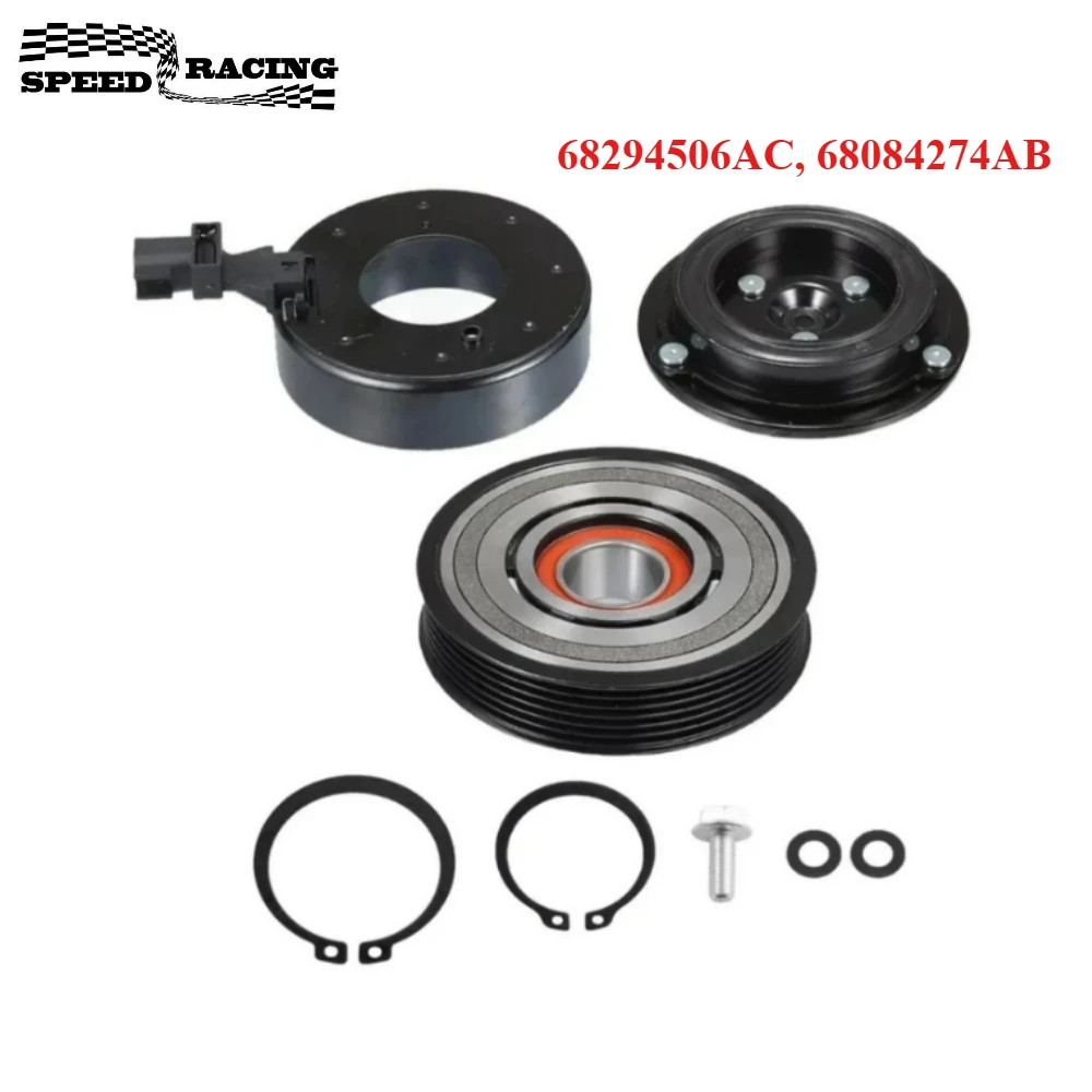 68294506AC, 68084274AB Zestaw sprzęgła kompresora klimatyzacji, cewka, koło pasowe pasuje do Jeep Wrangler 2012-2018 6 cyl. 3.6L, czarny