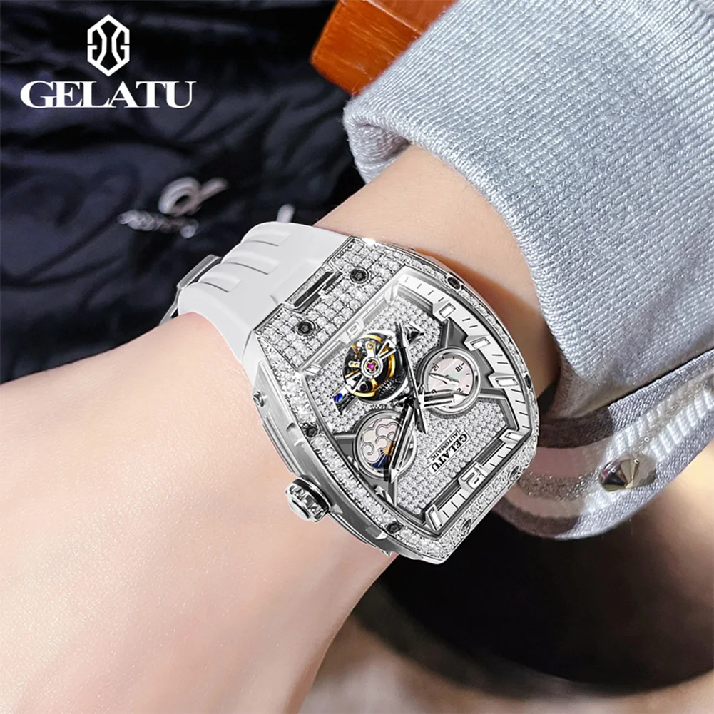 GELATU 6016 Original Luxury Full Diamond Automatic Mechanical Watch for Ladies 52mm Big Face Waterproof Multifunctional Watch