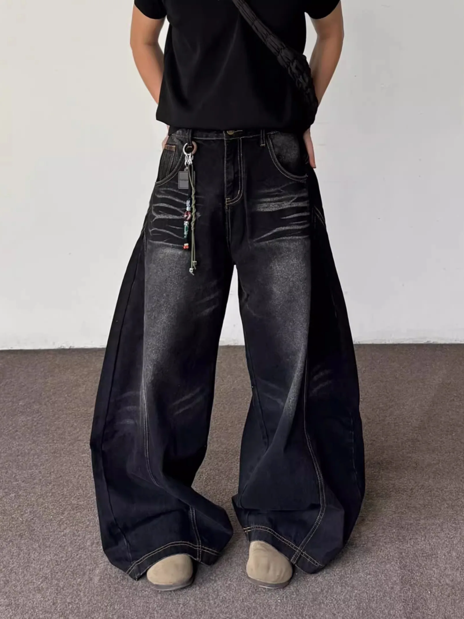 

American Retro Splicing Wide Leg Jeans Men's Cleanfit Loose Versatile Denim Pants Trendy Knife Bootcut Trousers