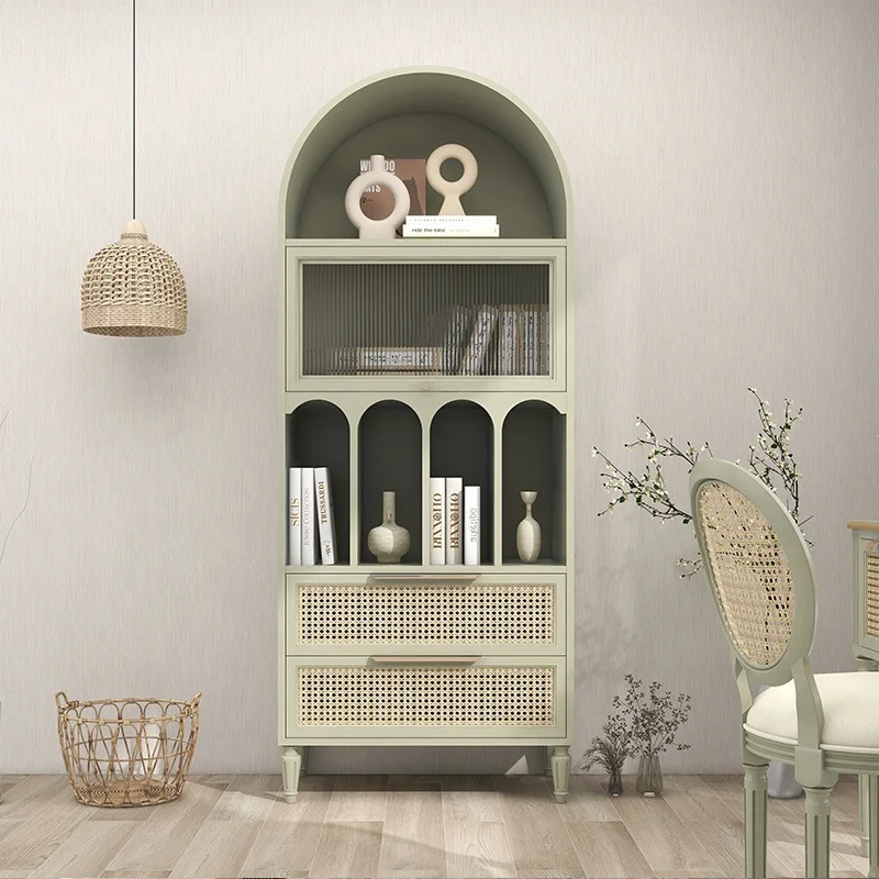 American solid wood bookcase light luxury floor small bookshelf French retro arched decorative wine cabinet Nordic dining side