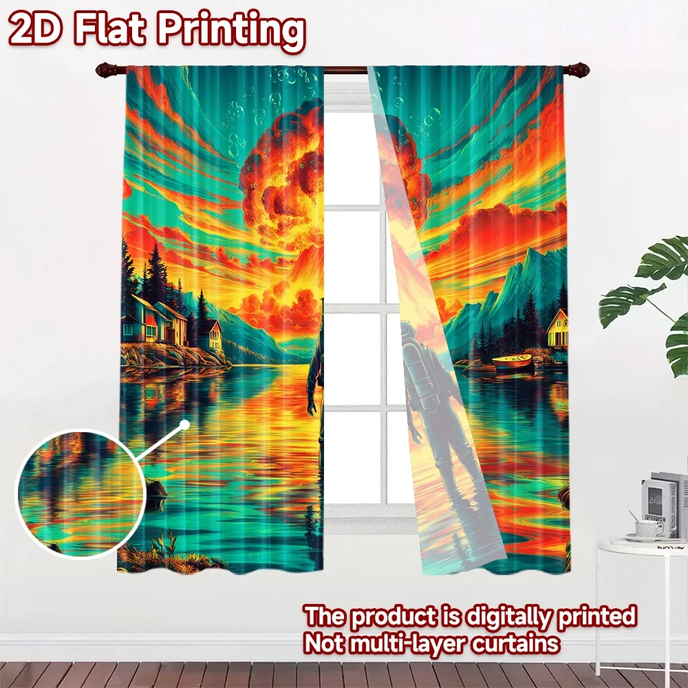 2D flat printing 2pcs Curtain Diver Nuclear Explosion Sunset Digital Printed Polyester Drapes Festive Curtains for Room bedroom