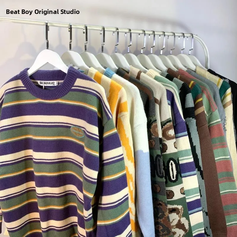 

Retro American Vintage Striped Color Blo round Ne Sweater ex Autumn Winter New Sle INS Couple Match Knitted Sweater