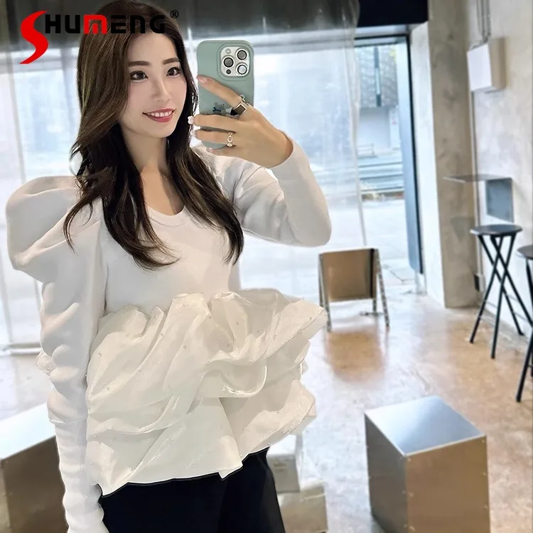 

Autumn Winter New Japanese Sweet Beaded Organza Patchwork Knitted Top Women's Slim Fit Elegant Fashion Knitted Pullover Sweater