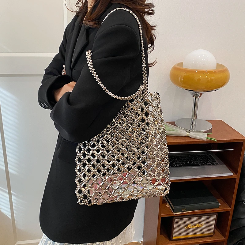 

Exquisite Bead Sense of Luxury Hollow Out Women Handbags Spring Summer Acrylic Square Shoulder Bags