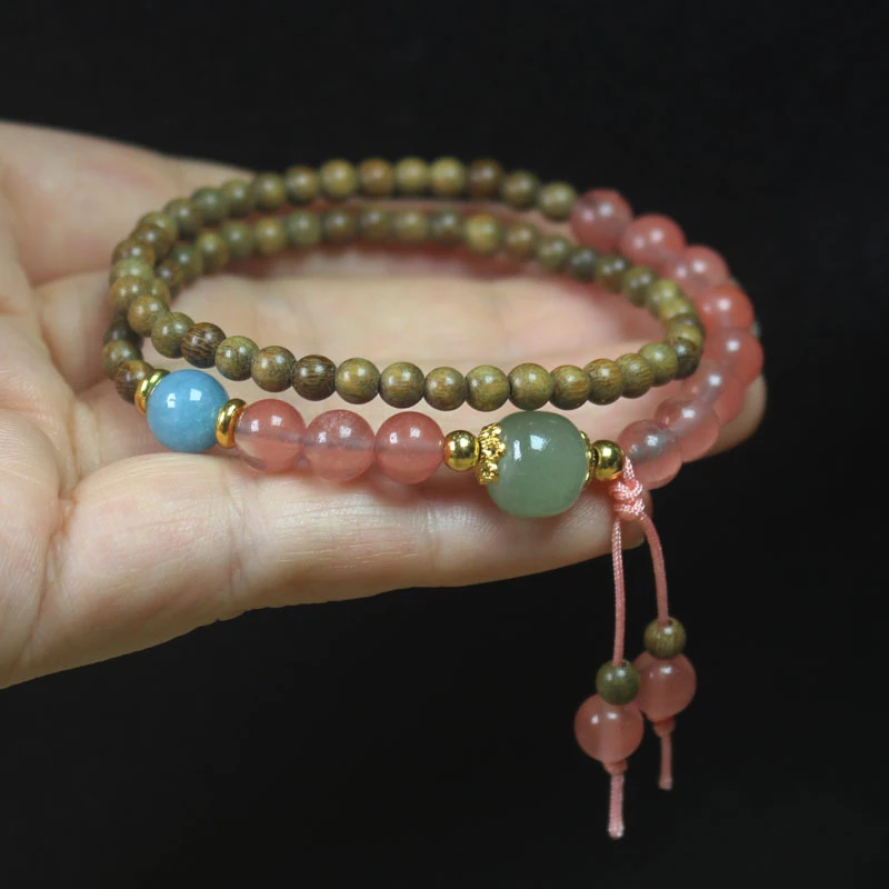 

Green Sandalwood 4mm Double Circle Buddhist Bead Bracelet, Simple Forest Style Watermelon Crystal Rosary, Unisex Jewelry Gift
