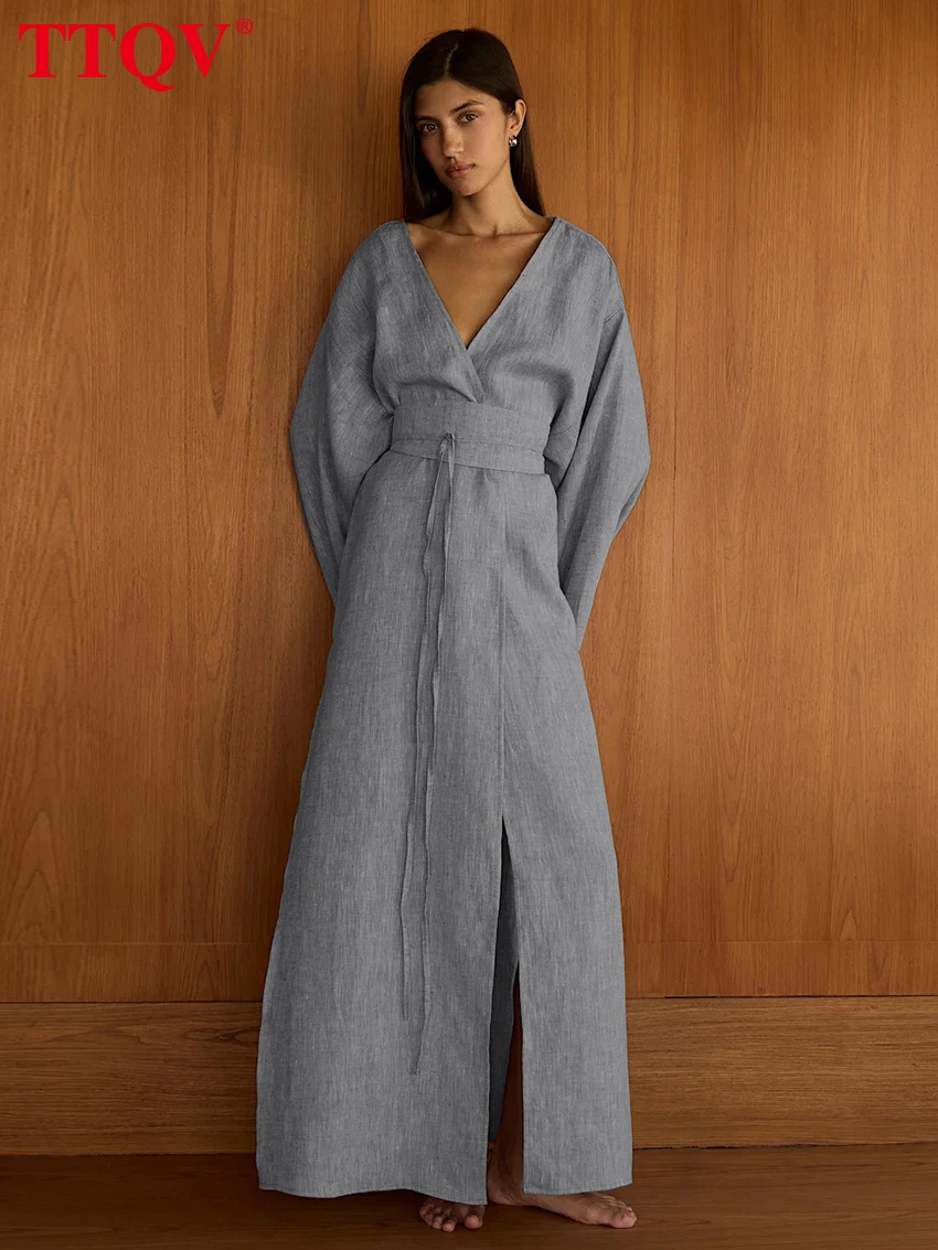 

TTQV Elegant Grey V-Neck Womens Dresses Fashion Long Sleeve Lace-Up Loose Dresses Casual Side Slit Ankle-Length Dress Female