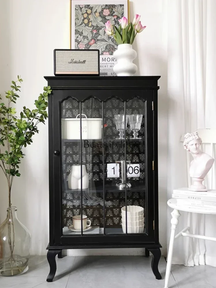 

FG26*French Country Pastoral Black Wood Glass Display Locker