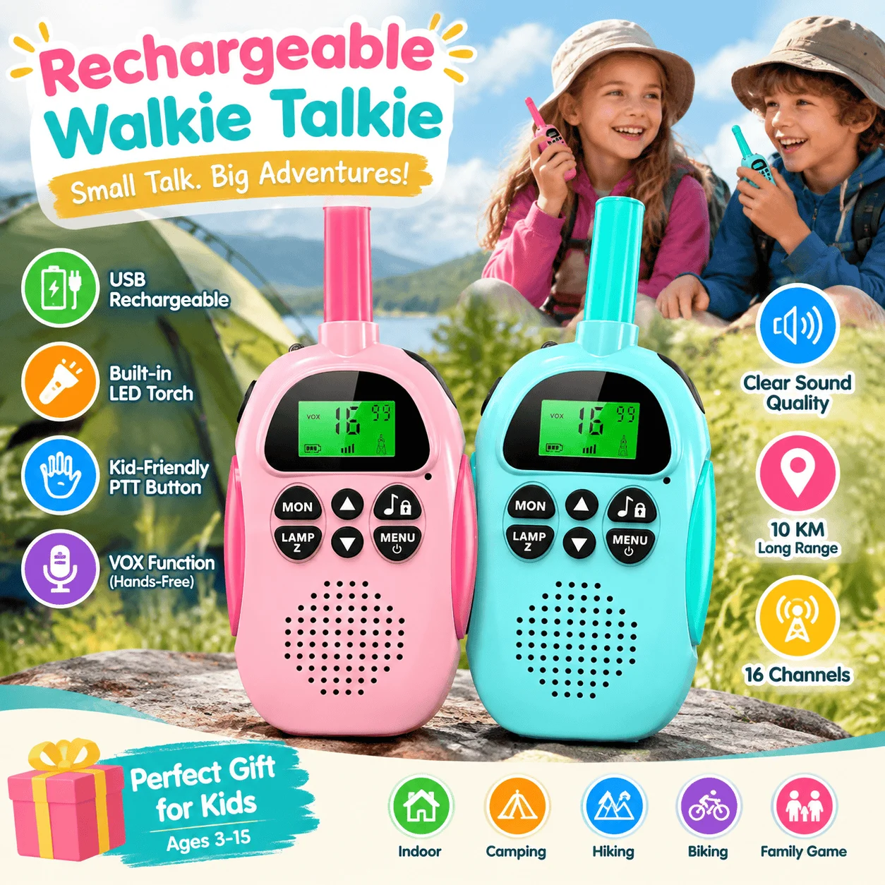 2 Pack Rechargeable Walkie Talkies, 22 Channel Two Way Radios with Long Range Communication up to 3KM, Portable Wireless Handheld Radios for Camping Hiking Outdoor Activities, Compact Communication Devices with Clear Sound and Easy Operation