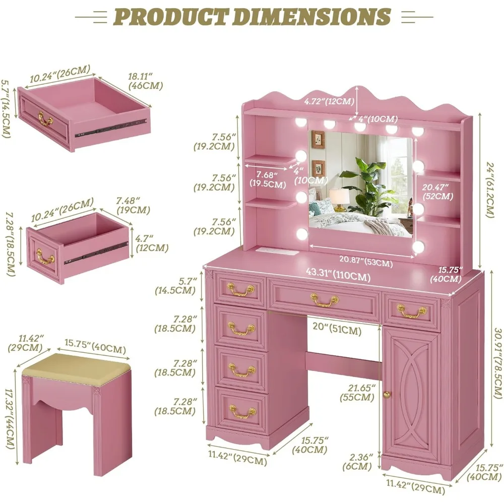 مكتب زينة مكياج كبير بإضاءة LED مع قاعدة شحن و6 أدراج، 43.3 طاولة تزيين للمكياج للتنظيم #6