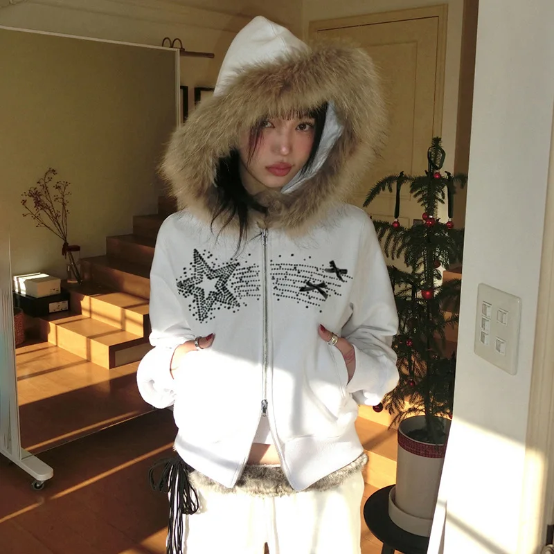 

American Retro Pentagram Element Printed Fur Collar Jacket with Tailored Cut Pocket Splicing Autumn/winter Hoodie Female Clothes