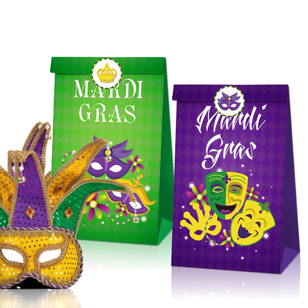 LB056 12Pcs American Mardi Gras Carnival Birthday Party Candy Kraft Paper Gift Bags with Stickers Parade Masks Party Decorations