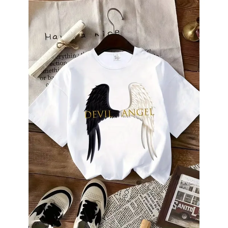 Devil & Angel Wings & Protect Surround You Trust You're Safe Print Crew Neck T-shirt, Casual Fashion Short Sleeve T-shirt