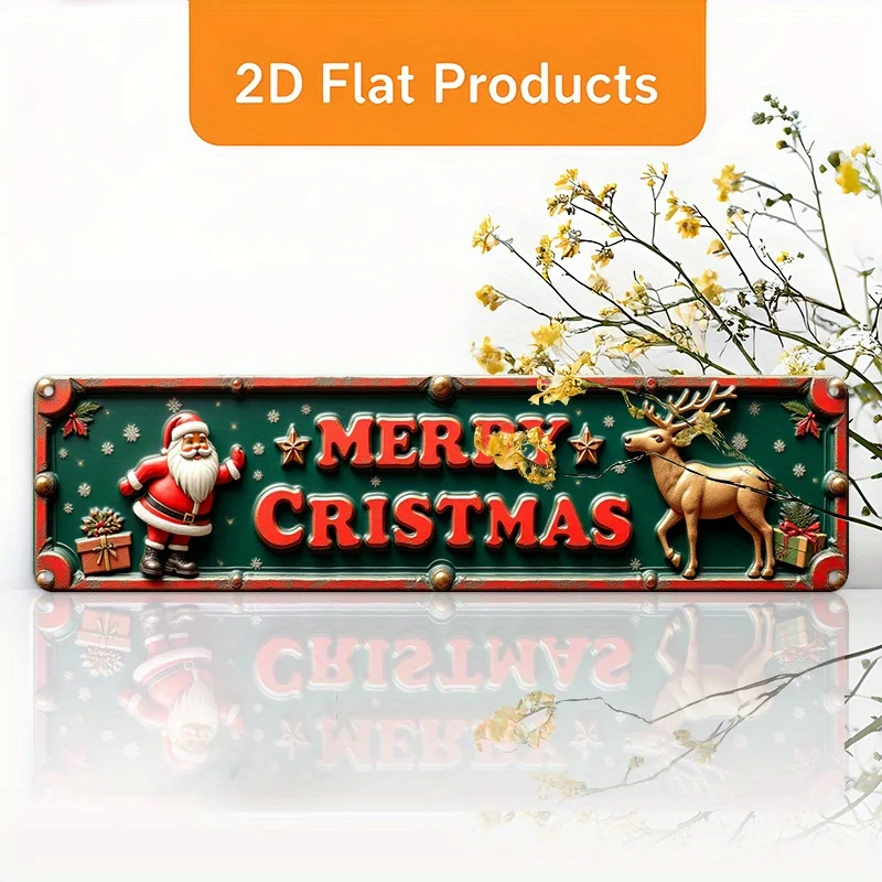 2D Flat, 1pc Vintage Christmas Wall Sign - Santa & Reindeer Holiday Decor with Merry Christmas Text - Durable Aluminum Metal