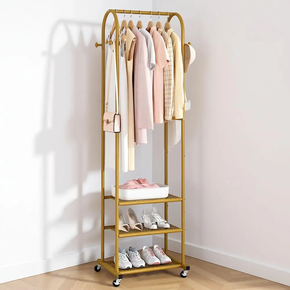

Прочная вешалка для одежды на колесиках, 3 металлические полки, 71,8 дюйма, для подвешивания одежды, для небольших помещений, золотистая