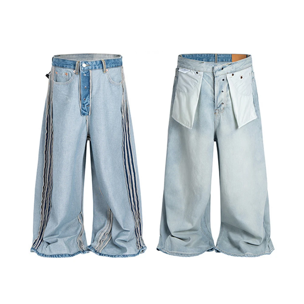 بنطلون جينز فضفاض غير رسمي بأرجل واسعة للرجال ملابس الشارع مخططة ومغسولة ومرقعة جينز فضفاض كبير الحجم #1