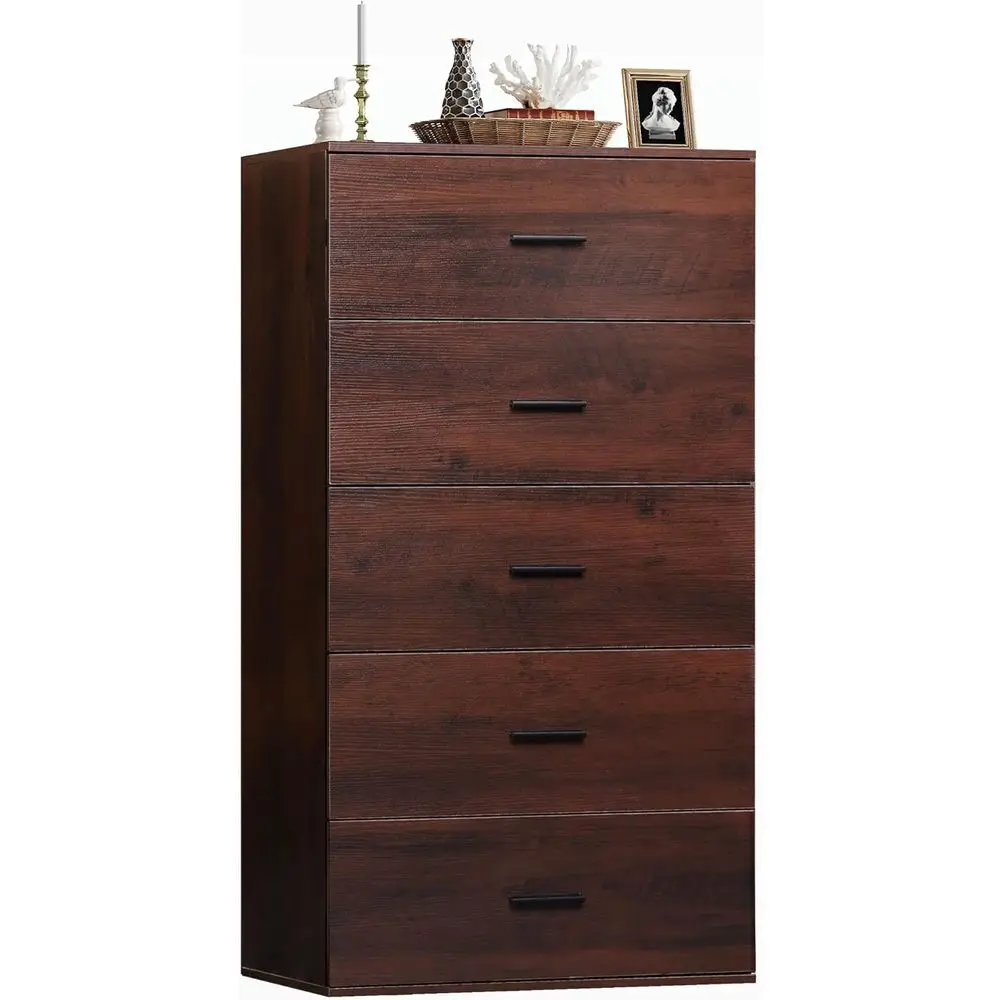 

Elegant Tall Dresser with Metal Handles, Wooden Chest Drawers, 5-Drawer Brown Bedroom Dresser, Minimalist Closet Organizer for L