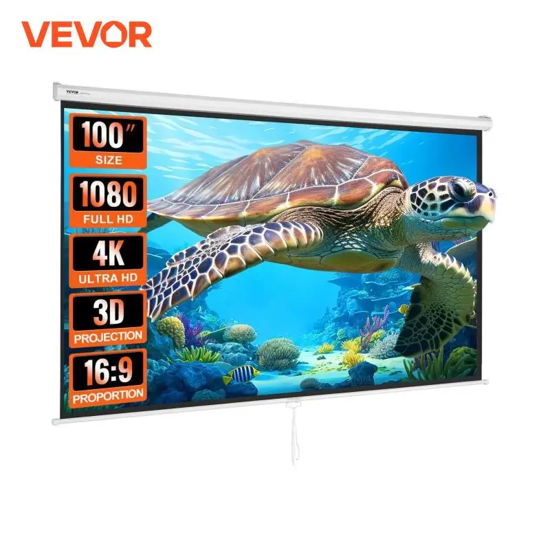 VEVOR Manual Pull Down Projector Screen 100 inch 16:9 4K 1080 HD Retractable Projector Screen for Family Home Office Theater