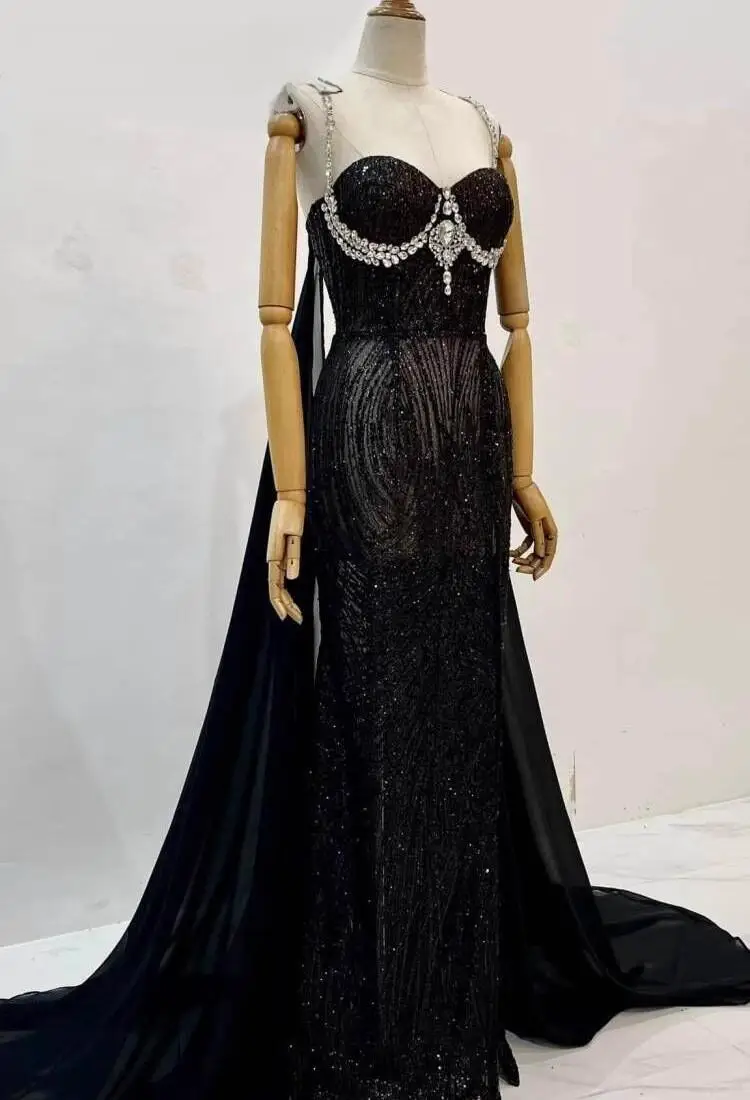 

Real Picture Arabic Black Women Evening Dresses Spaghetti Strap Crystal Mermaid Formal Occasion Party Dress Prom Pageant Gown